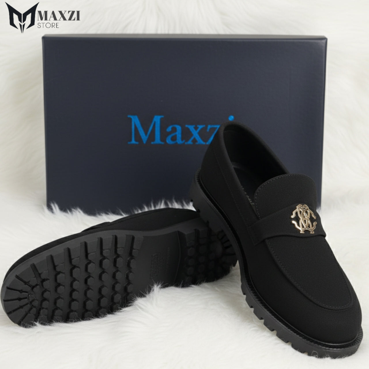 Black Suede Loafer with Gold Logo
