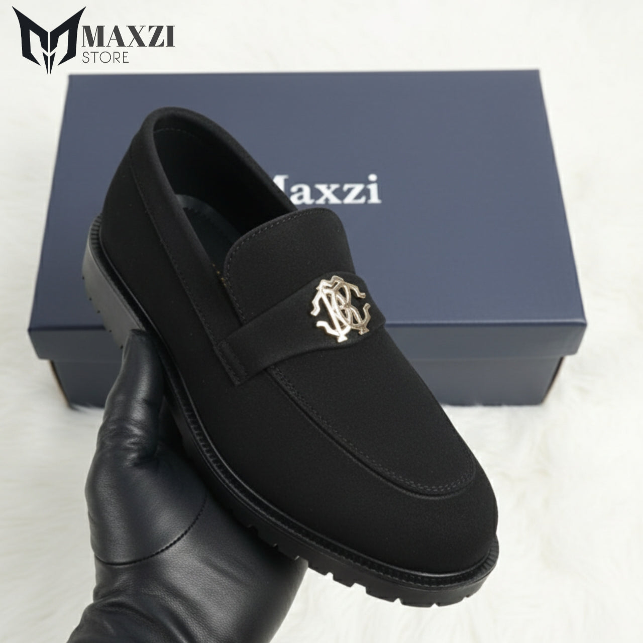 Black Suede Loafer with Gold Logo