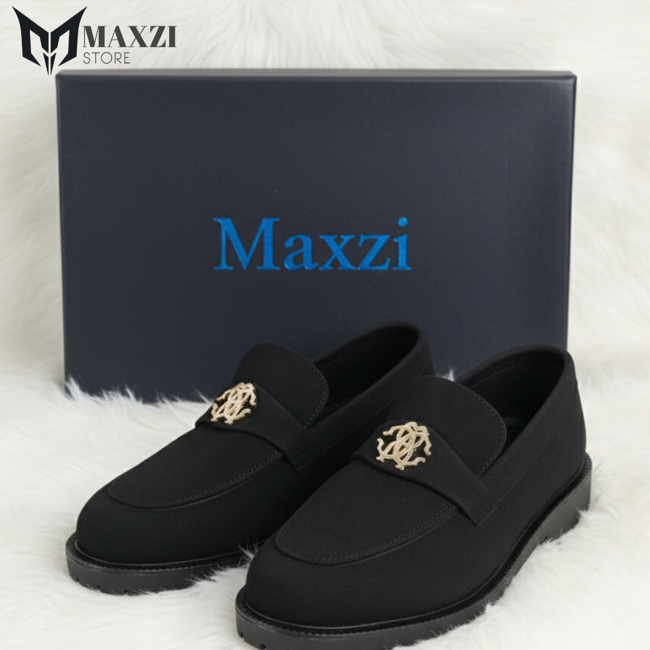 Black Suede Loafer with Gold Logo