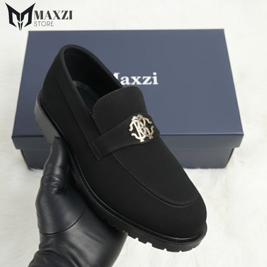 Black Suede Loafer with Gold Logo