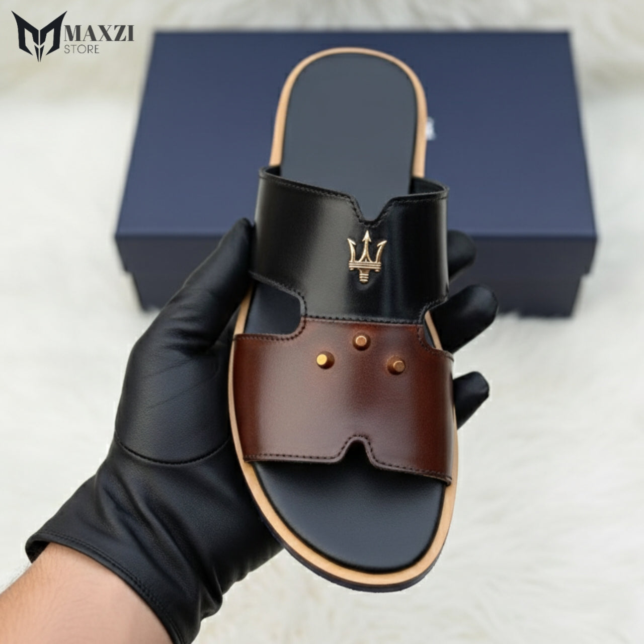 Men's Leather Two-Tone Slide Sandals