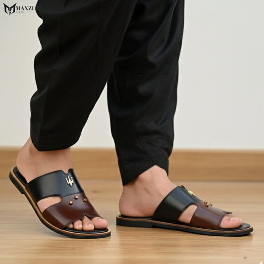 Men's Leather Two-Tone Slide Sandals